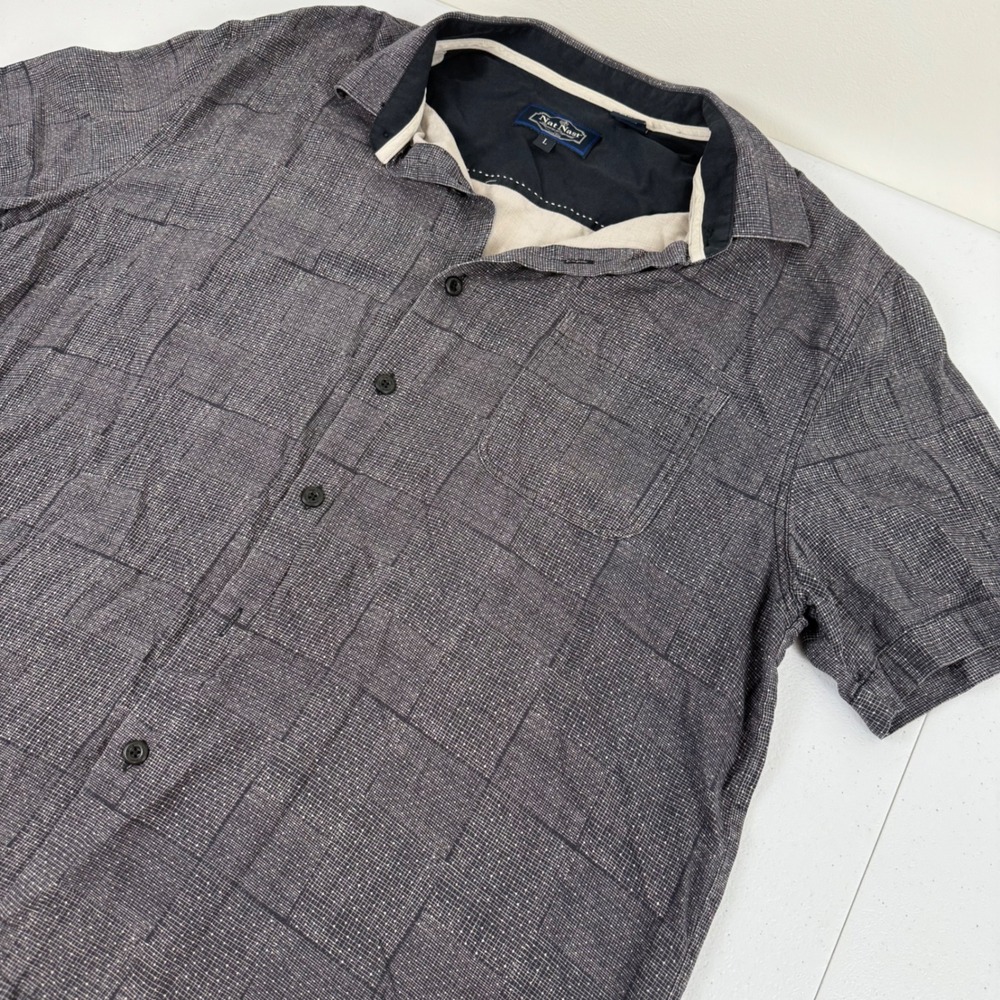 Nat Nast Mens Silk Cotton Blend Short Sleeve Button Down Shirt Gray Large